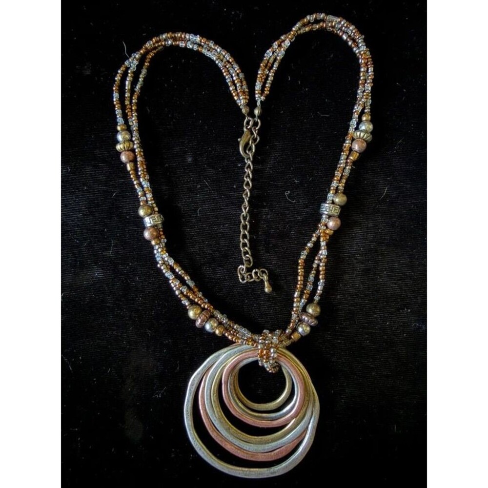 Tri-Tone Beaded Circle Pendant Necklace - Copper Gold Silver, Boho Statement